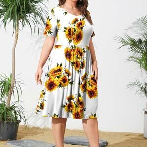 NWT POSESHE Floral Casual Short Sleeve White Midi Dress Women's Size 3XL